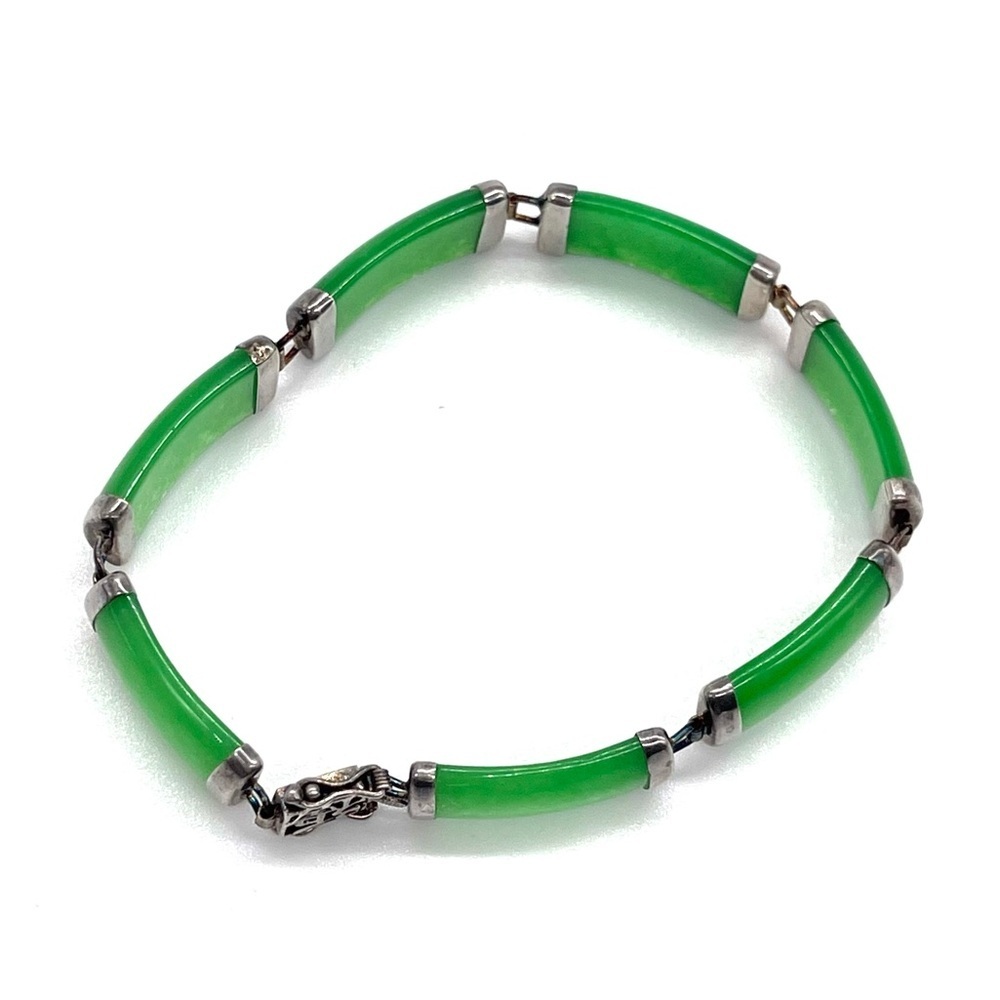 Chinese Vintage 925 Sterling Silver Apple Jade links Bracelet - Picture 2 of 5